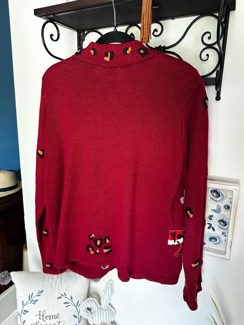 VTG Women's Burgundy Animal-Print Button Cardigan embroidered studded